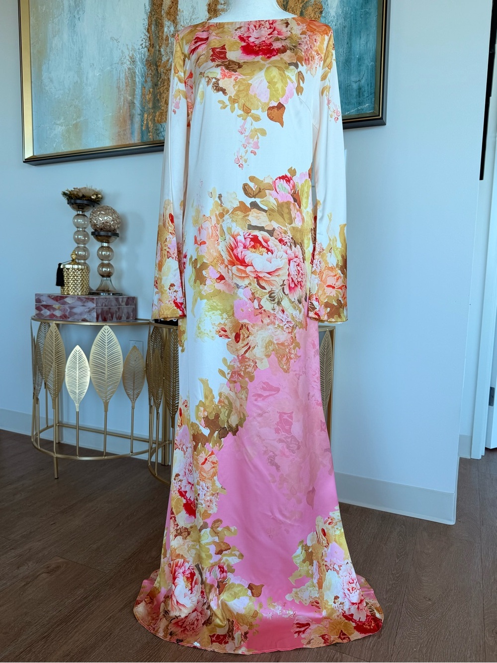 Floral  Satin Maxi  Dress in Pink and Cream